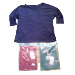 Ribbed Knit Top Dolman Sleeve V-Neck Casual Comfy Pullover Blouse in Red & Green